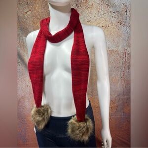 NWT Red Knit Scarf with Faux Fur Pom Poms
